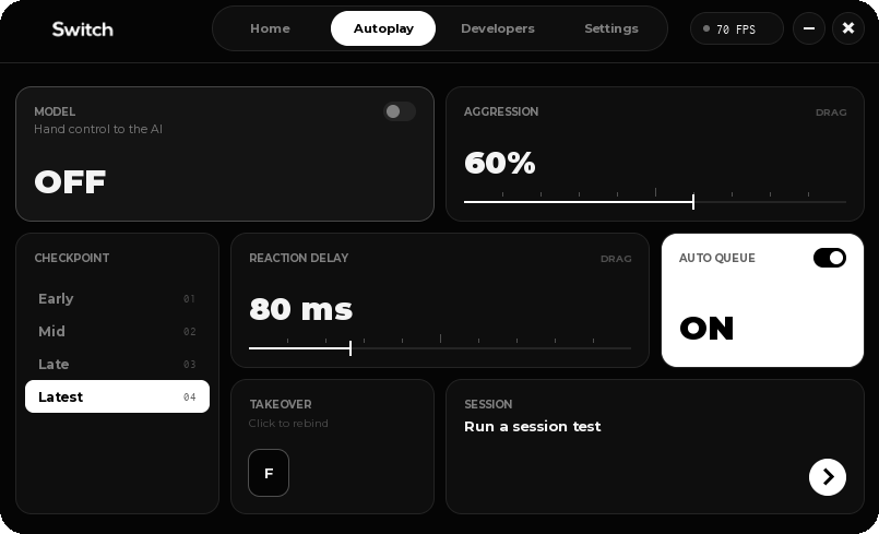 The Switch app on its Autoplay panel: a model toggle reading OFF, aggression at 60%, a checkpoint list, 80 ms reaction delay, auto queue ON and a takeover key